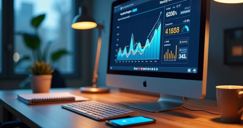Tela de computador exibindo dashboard de leads do LinkedIn com gráficos e estatísticas de crescimento