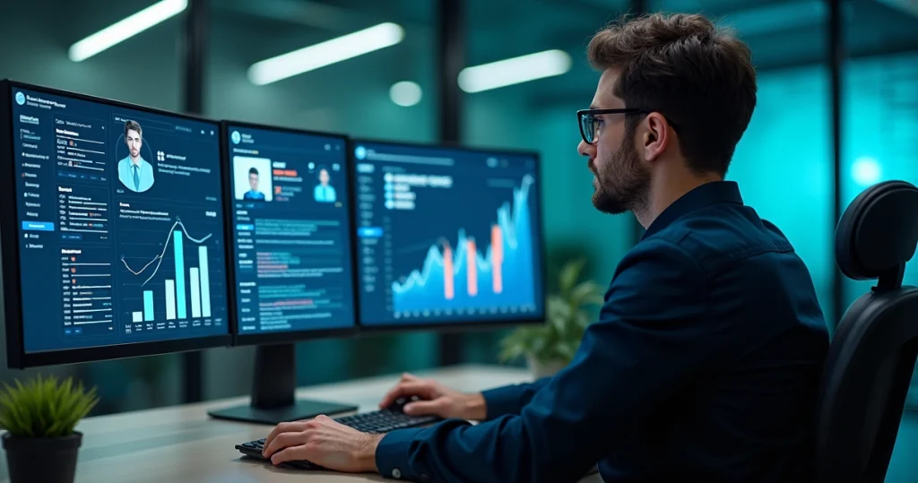 Profissional analisando dados em tela de computador com interface de IA gerando leads qualificados no LinkedIn