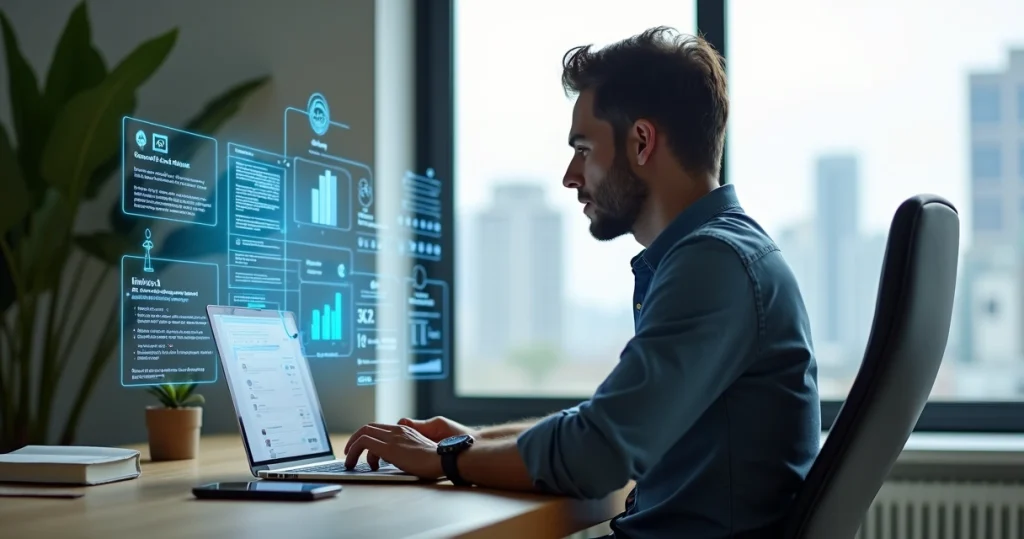 Empresário usando IA no notebook para criar posts no LinkedIn que geram leads