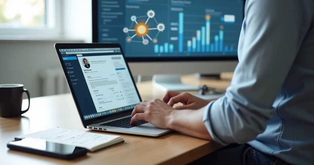 Empreendedor ajustando perfil profissional do LinkedIn em laptop com gráficos de crescimento ao fundo
