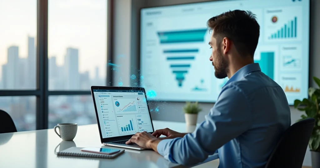 Fundador analisando leads B2B no LinkedIn com painel de IA em notebook