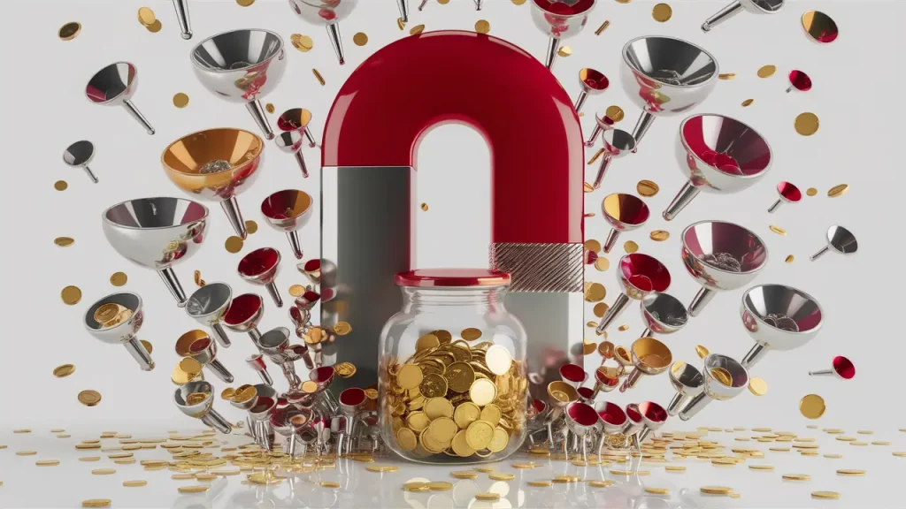 Imã vermelho atrai funis de diferentes tamanhos que levam a potes de moedas douradas.