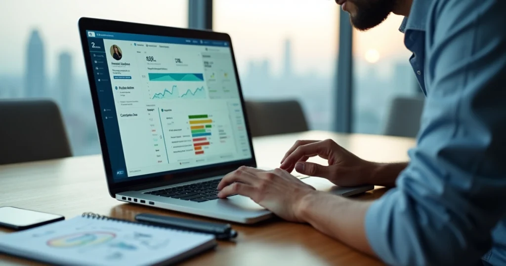 Founder analisando leads qualificados no LinkedIn com painel de IA na tela