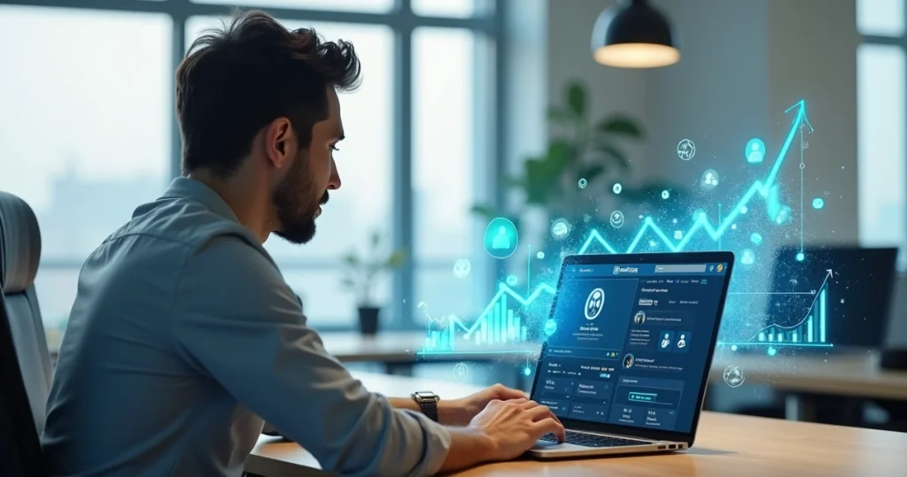 Tela de notebook com painel do LinkedIn gerando leads B2B em um escritório moderno