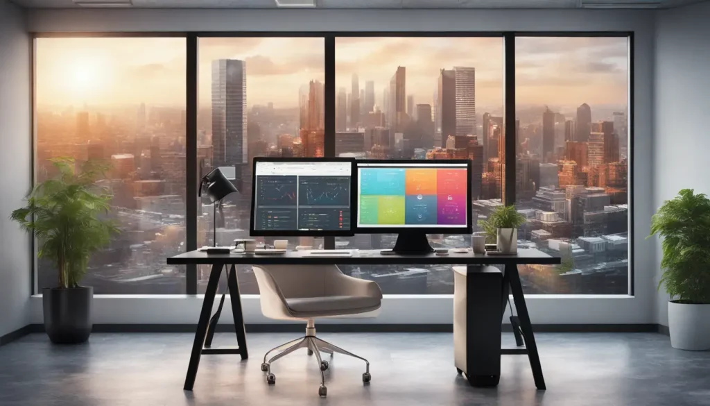Escritório moderno com monitor exibindo painel de marketing digital, mesa preta com laptop, smartphone e xícara de café.