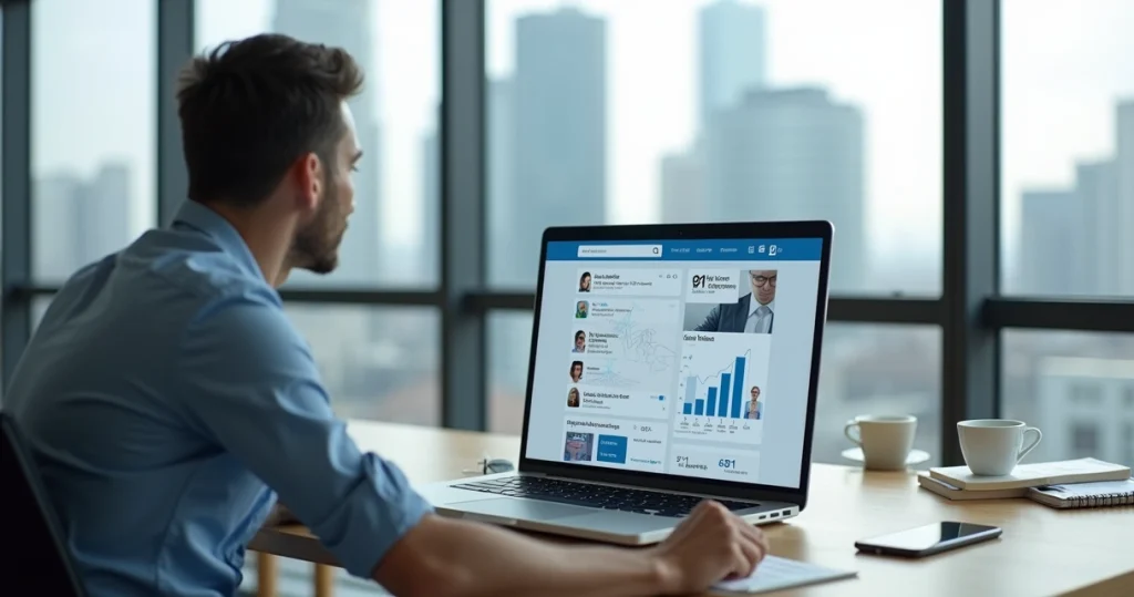 Empresário usando notebook com tela do LinkedIn exibindo conexões e gráficos de leads