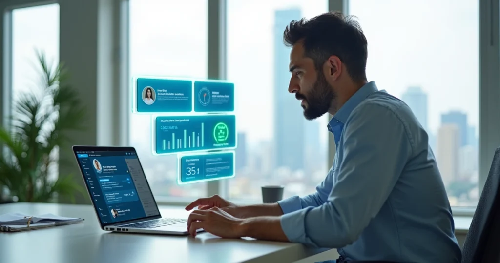 Fundador ajustando perfil do LinkedIn em laptop com foco em geração de leads B2B