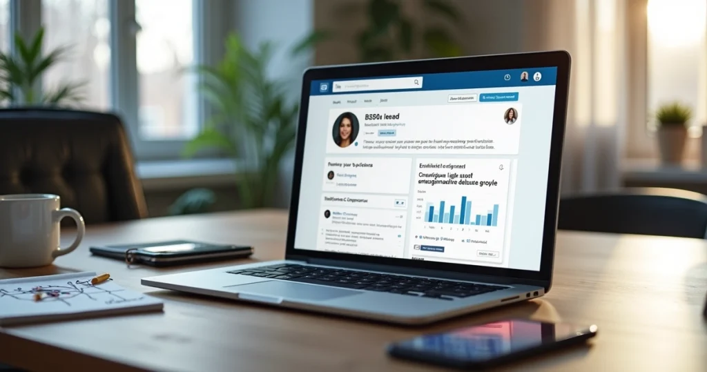 Tela de notebook exibindo perfil profissional de LinkedIn otimizado para geração de leads B2B