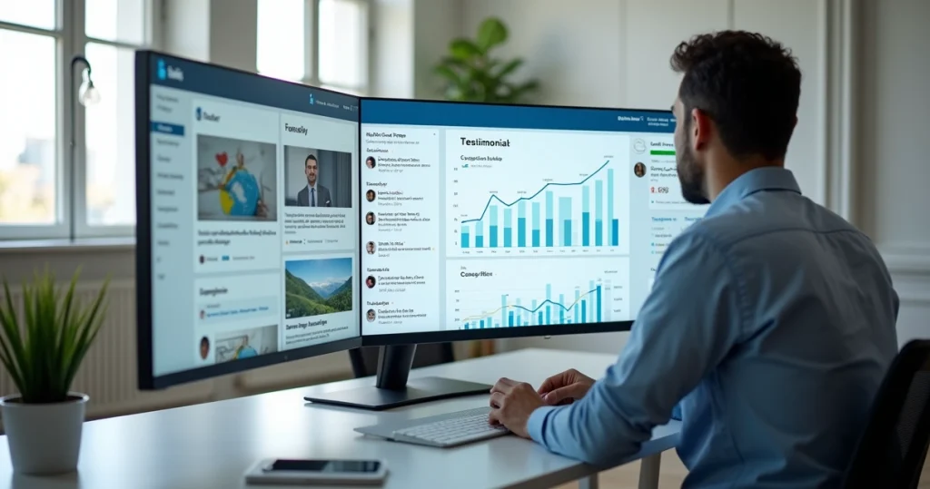 Profissional analisando painel de métricas do LinkedIn com gráficos de leads B2B