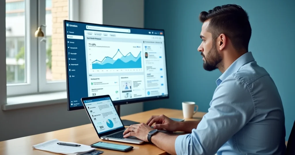 Profissional analisando painel de métricas de conteúdo do LinkedIn focado em geração de leads