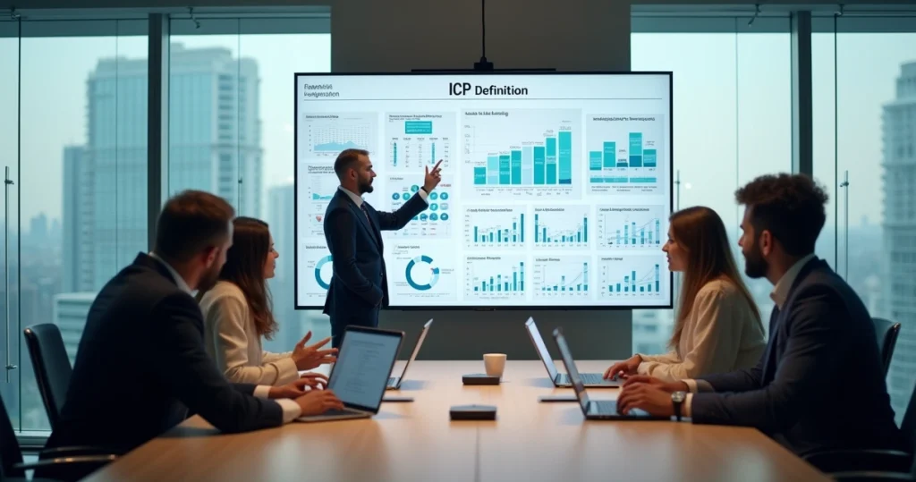 Equipe de marketing e vendas analisando painel com dados de ICP B2B