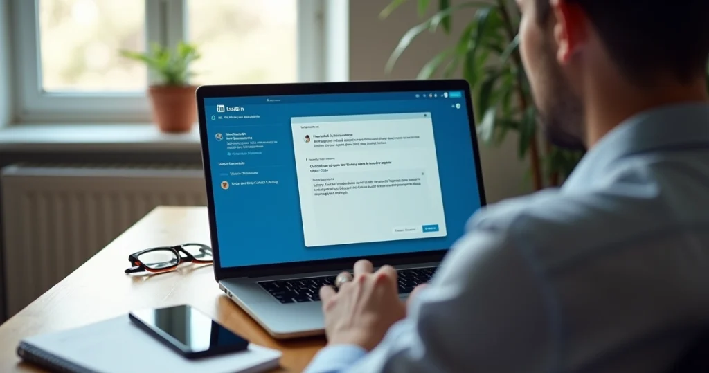 Founder escrevendo cold message estratégica no LinkedIn em um notebook