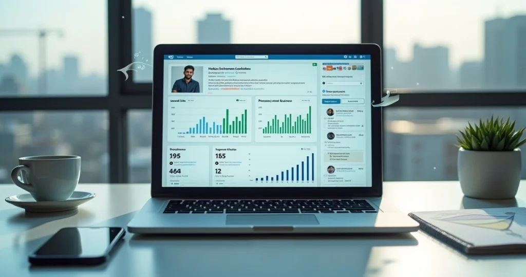 Founder analisando métricas de leads B2B no LinkedIn no notebook