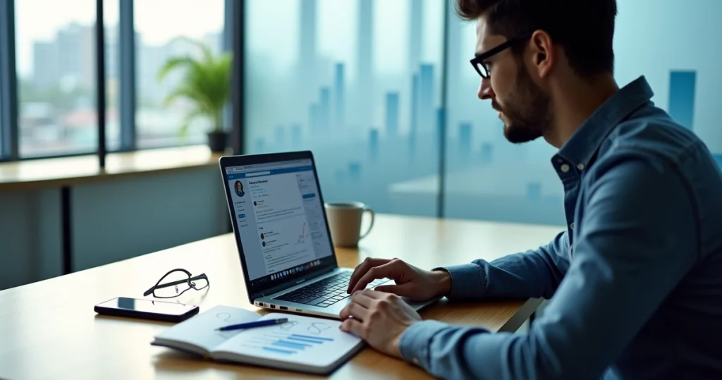 Founder analisando estratégia de posicionamento no LinkedIn em um laptop com gráficos de leads B2B