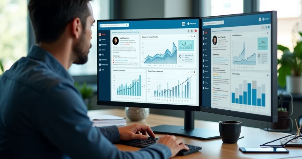 Gestor de marketing analisando leads B2B no LinkedIn em tela grande