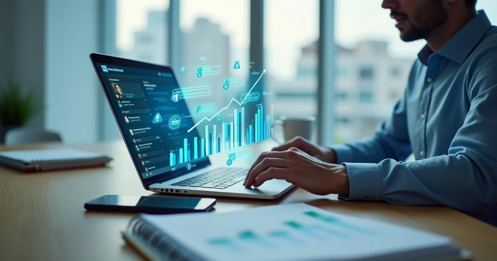 Profissional usando notebook com tela do LinkedIn e funil de vendas digital