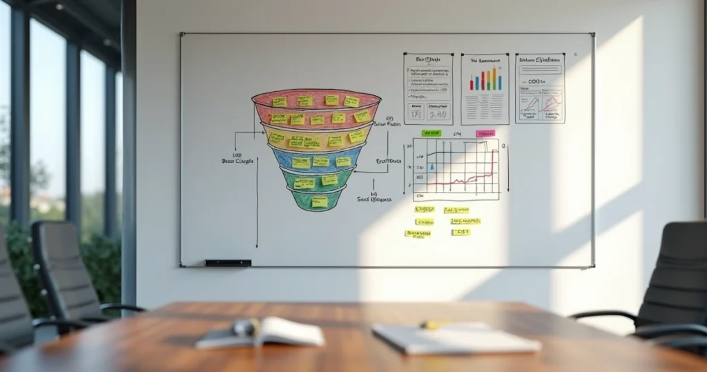 Quadro branco com funil de vendas B2B desenhado e leads qualificados organizados em post-its coloridos